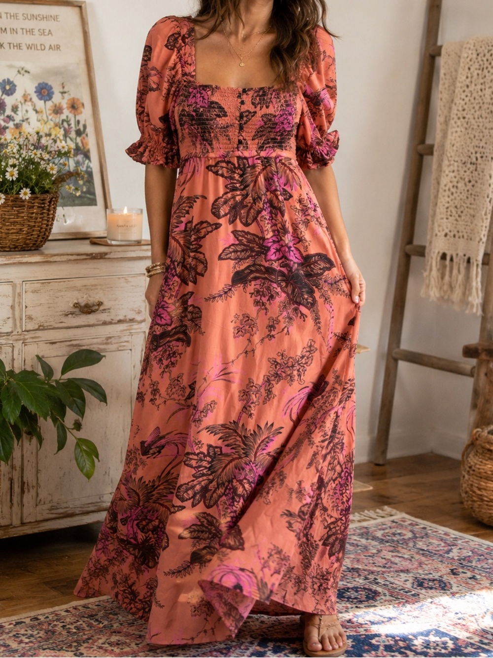 Anthropologie Peach Coral Plum Tropical Bird Maxi Dress Natural Life Boho